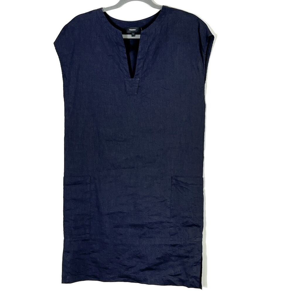 Theory Navy Linen Blend Shift Dress Size Small EUC